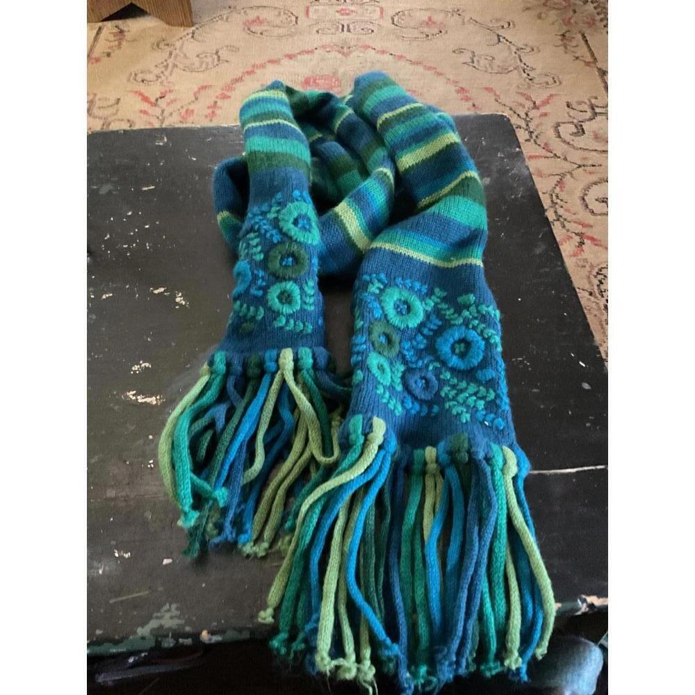 Cozy Blue and Green Striped Acrylic Scarf with Floral Embroidery and Fringe
